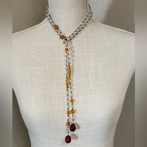 Amber & Clear Rock Crystal Lariat